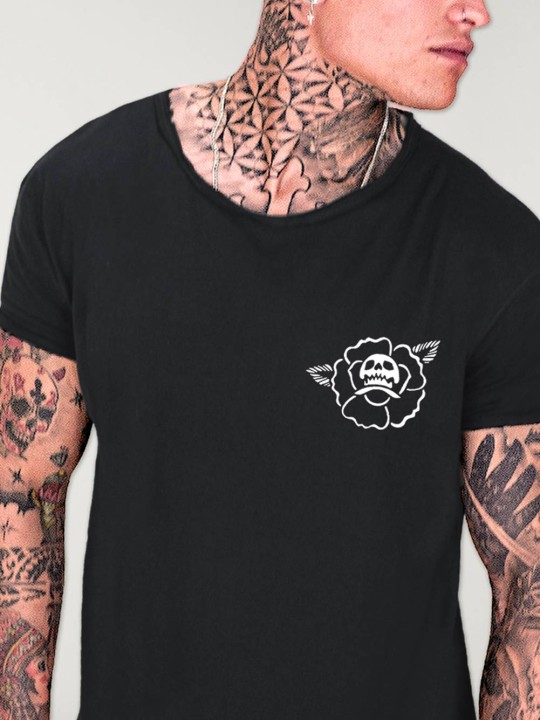 Men T-Shirt Open neck Black Skull Rose