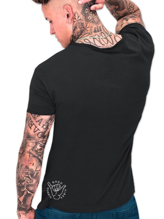 Men T-Shirt Open neck Black Skull Rose