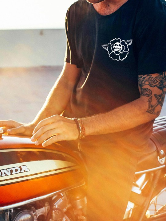 Men T-Shirt Open neck Black Skull Rose